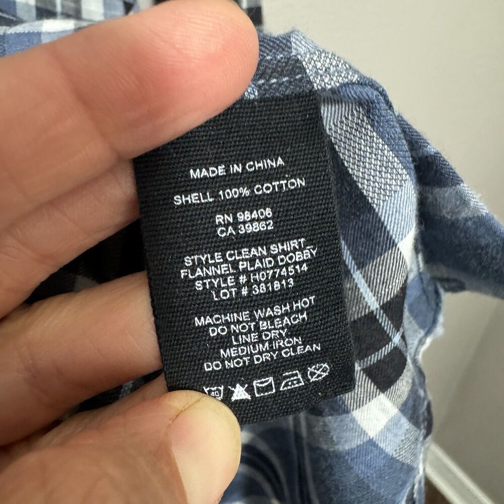 Theory Mens Plaid Button Up Shirt Sz Large Cotton Blue Black White Long Sleeve - Picture 5 of 5
